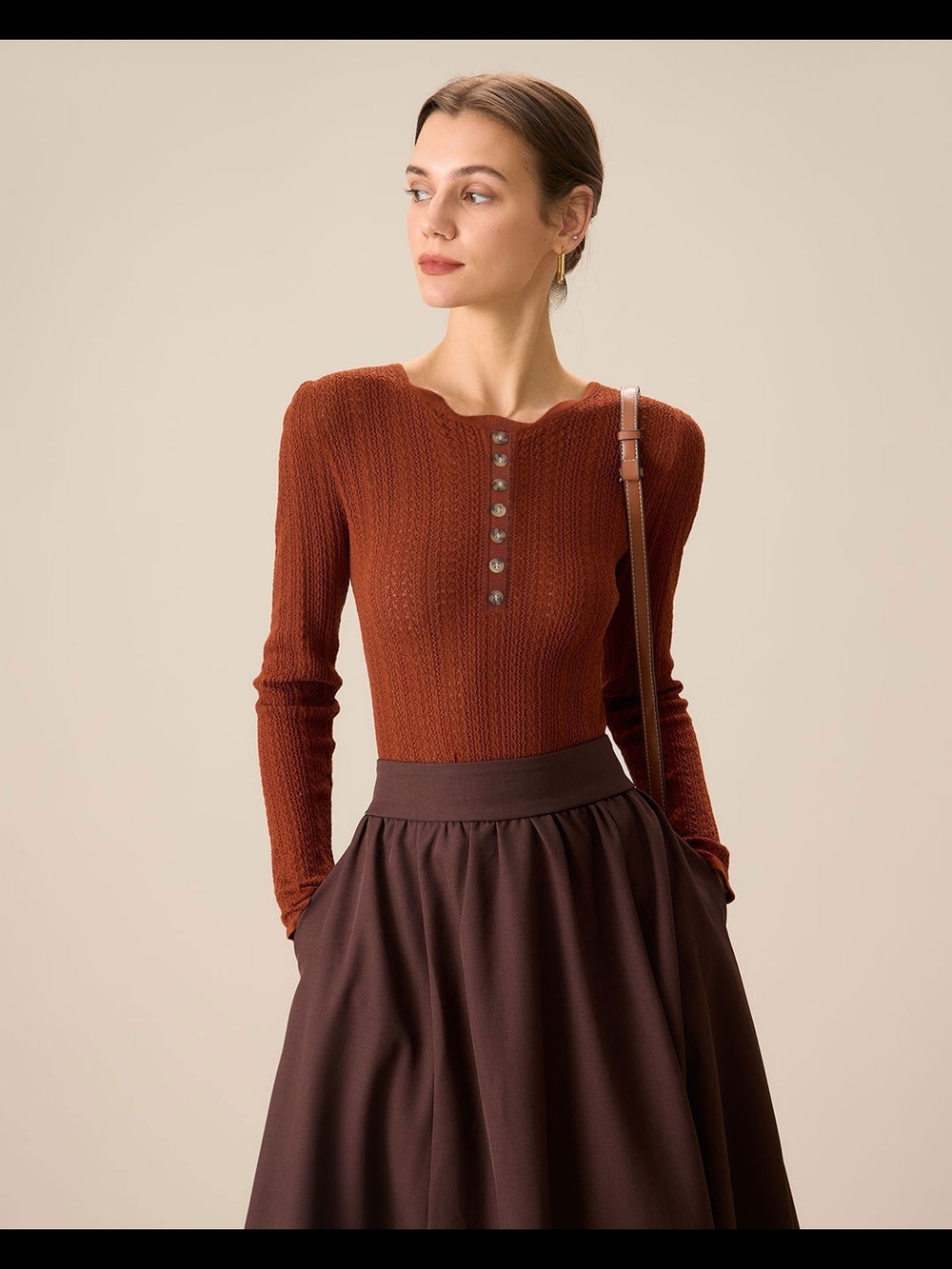 Rust Ribbed Henley Sweater Top
